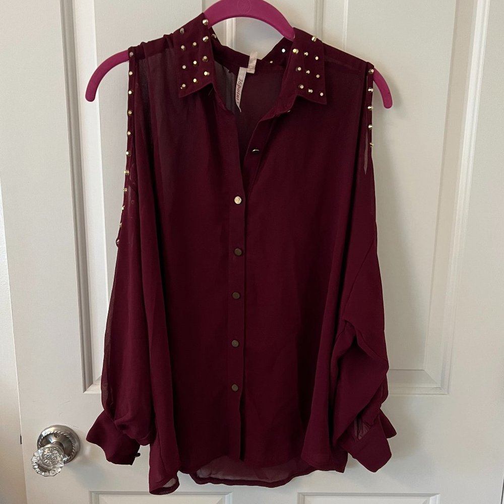 Burgundy Rock Stud Cold Shoulder Button Up Top